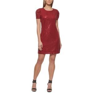DKNY Sequined Knee Length Short Sleeve Shift Cocktail Party Dress Red Size 14